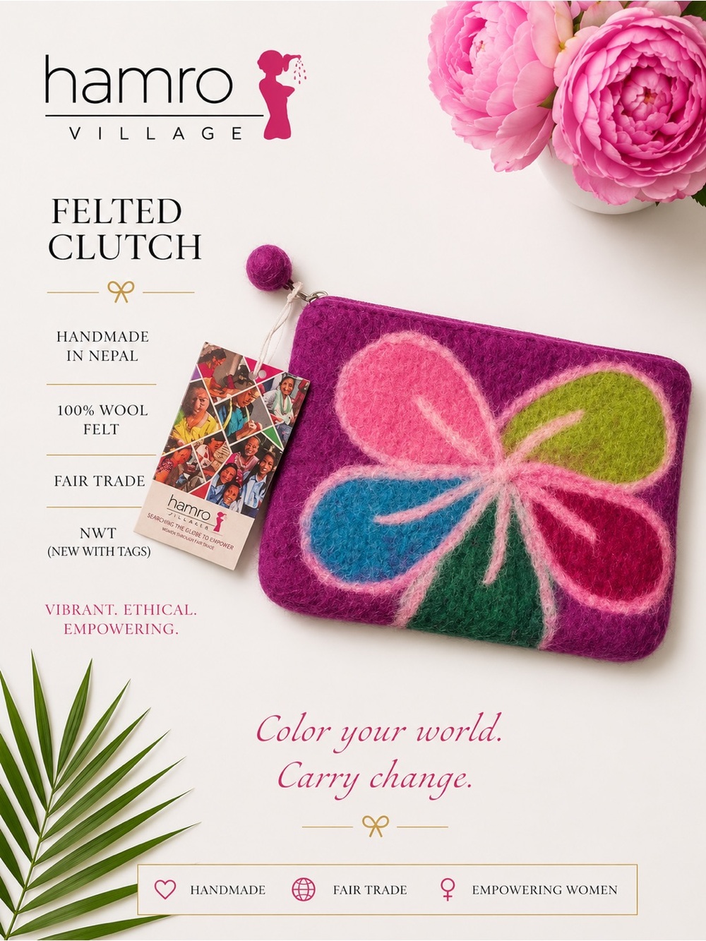 Magenta Felted Wool Clutch with Multicolor Floral Design